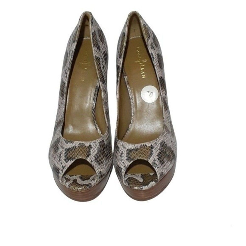 COLE HAAN Snake Print Leather Platform Peep Toe Heels Shoes Sz 10